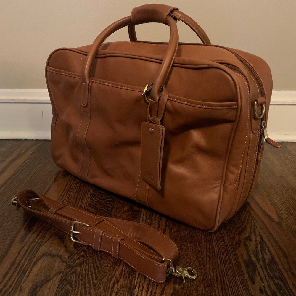 Vintage Coach Cognac Brown Leather Duffel Travel Bag Weekender